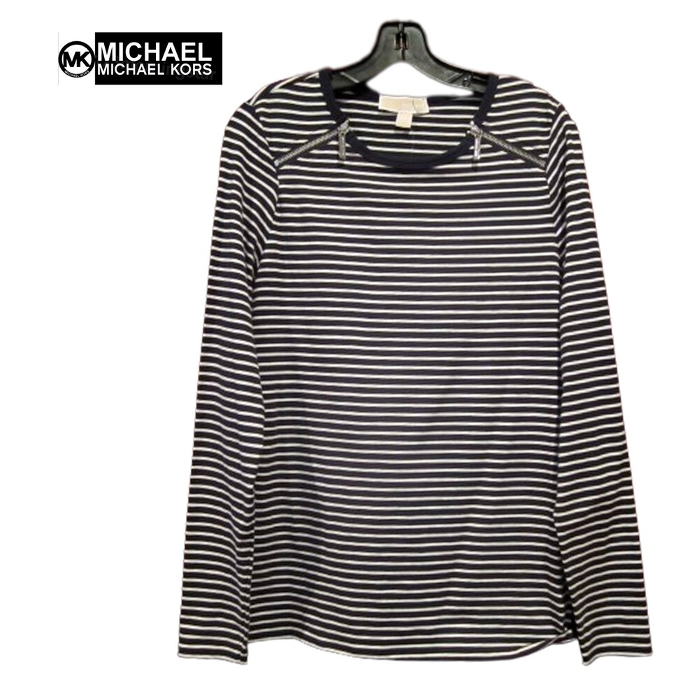 MICHAEL Michael Kors Nautical Striped Zip Shoulders NEW NAVY Top M